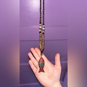 Bohemian Wooden Beaded Necklace with Multicolor Mosaic Fish Pendant